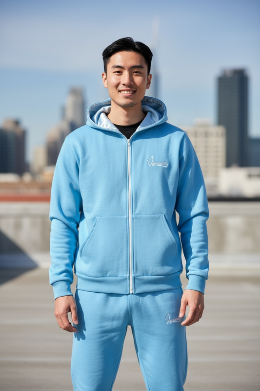 Sky Blue Zip Tracksuit with Satin Lined Hood and Cuffed Bottoms