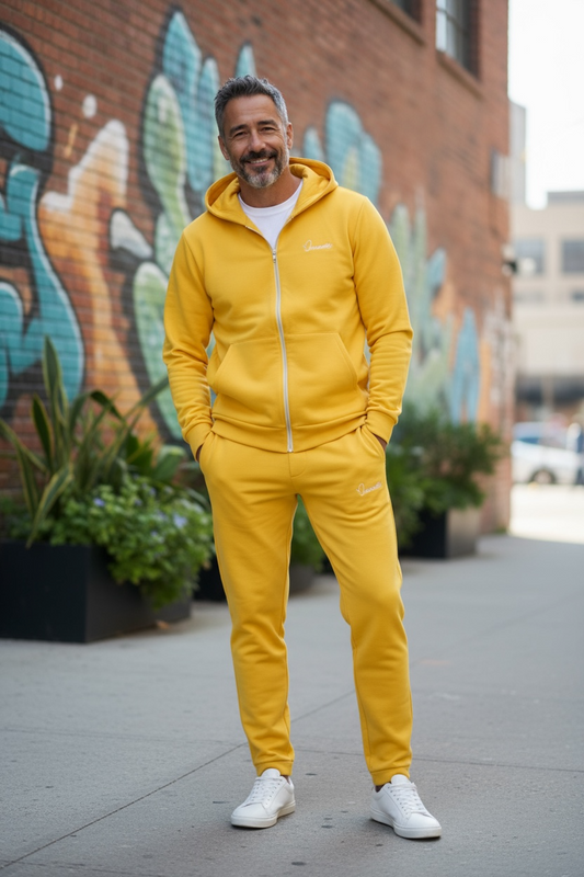 Yellow Zip Tracksuit with Satin Lined Hood and Cuffed Bottoms