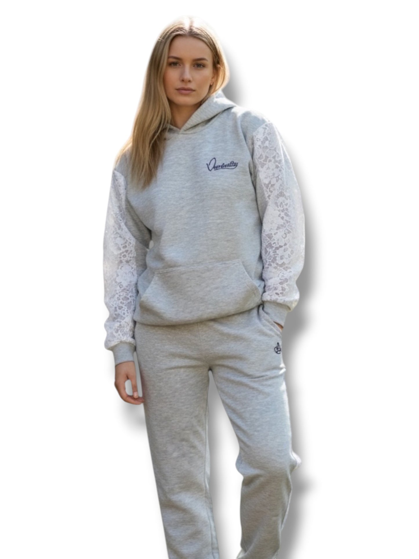 Silver Grey Tracksuit with Lace Detailing and Signature Satin Lined Hood