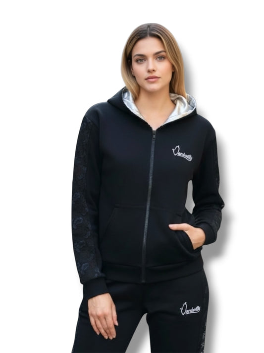 Black Tracksuit with Lace Detailing and Signature Satin Lined Hood
