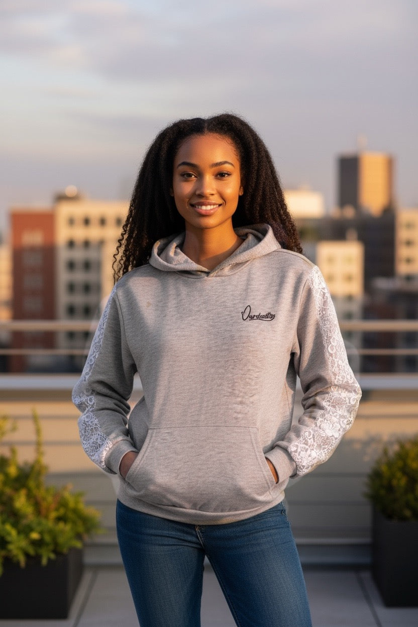 Silver Grey Tracksuit with Lace Detailing and Satin Lined Hood