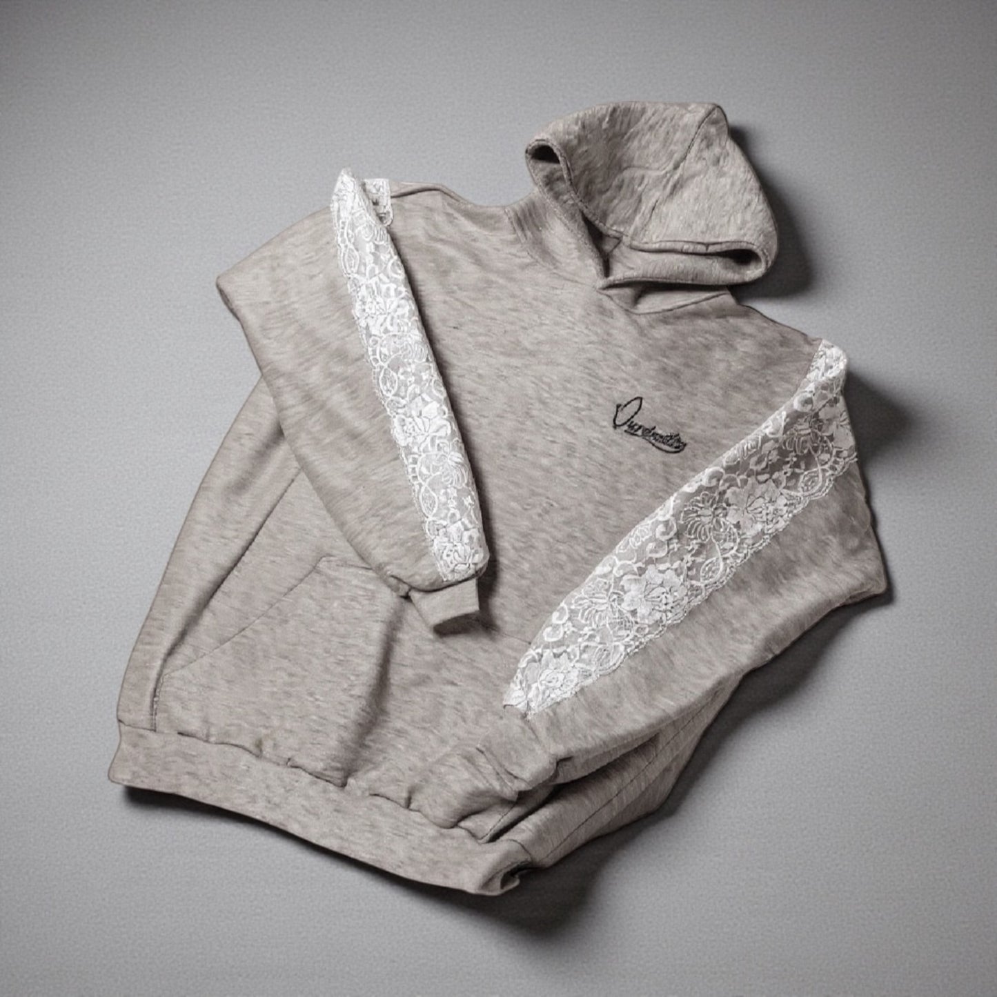 Silver Grey Tracksuit with Lace Detailing and Signature Satin Lined Hood