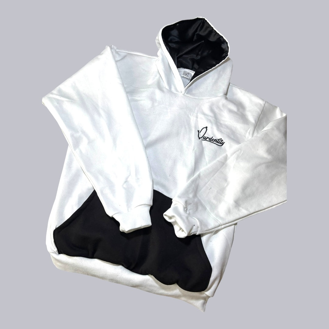 Satin Lined White and Black Overhead Hoodie