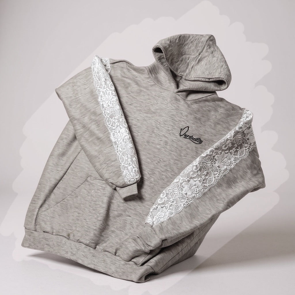 Silver Grey Tracksuit with Lace Detailing and Satin Lined Hood