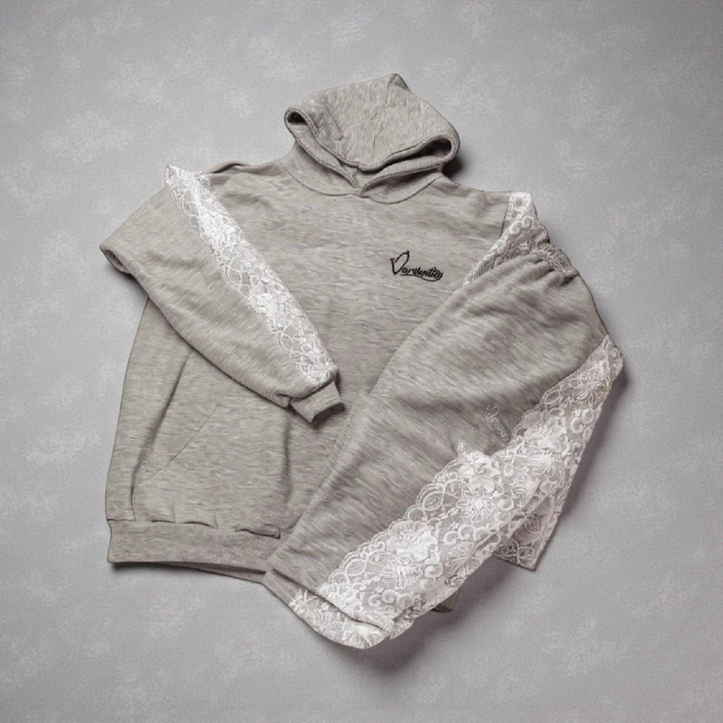 Silver Grey Tracksuit with Lace Detailing and Signature Satin Lined Hood