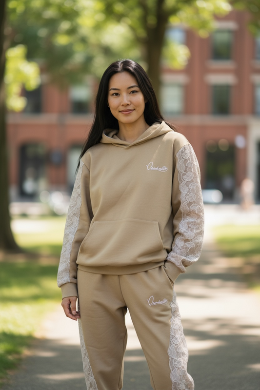Caramel Tracksuit with Lace Detailing and Satin Lined Hood