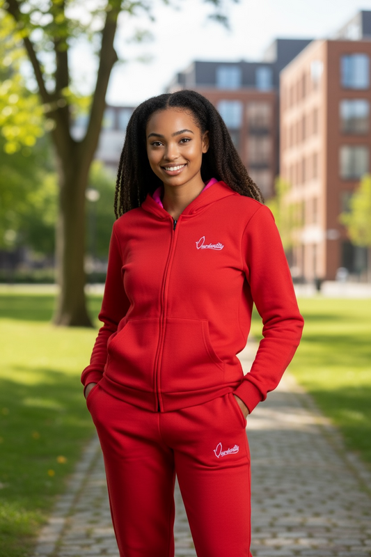 Red Zip Tracksuit with Satin Lined Hood and Cuffed Bottoms