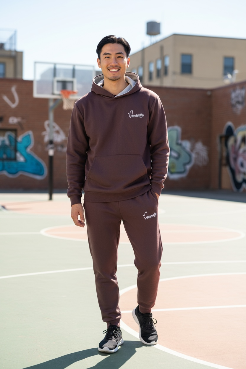 Brown Overhead Tracksuit with Satin Lined Hood and Cuffed Bottoms