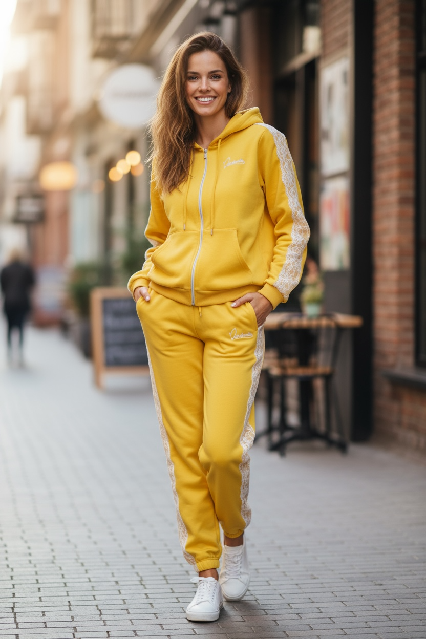 Yellow Tracksuit with Lace Detailing and Satin Lined Hood