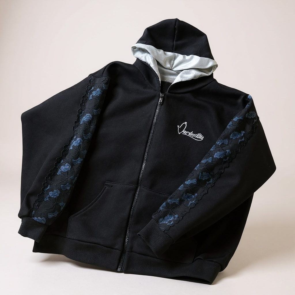 Black Tracksuit with Lace Detailing and Satin Lined Hood