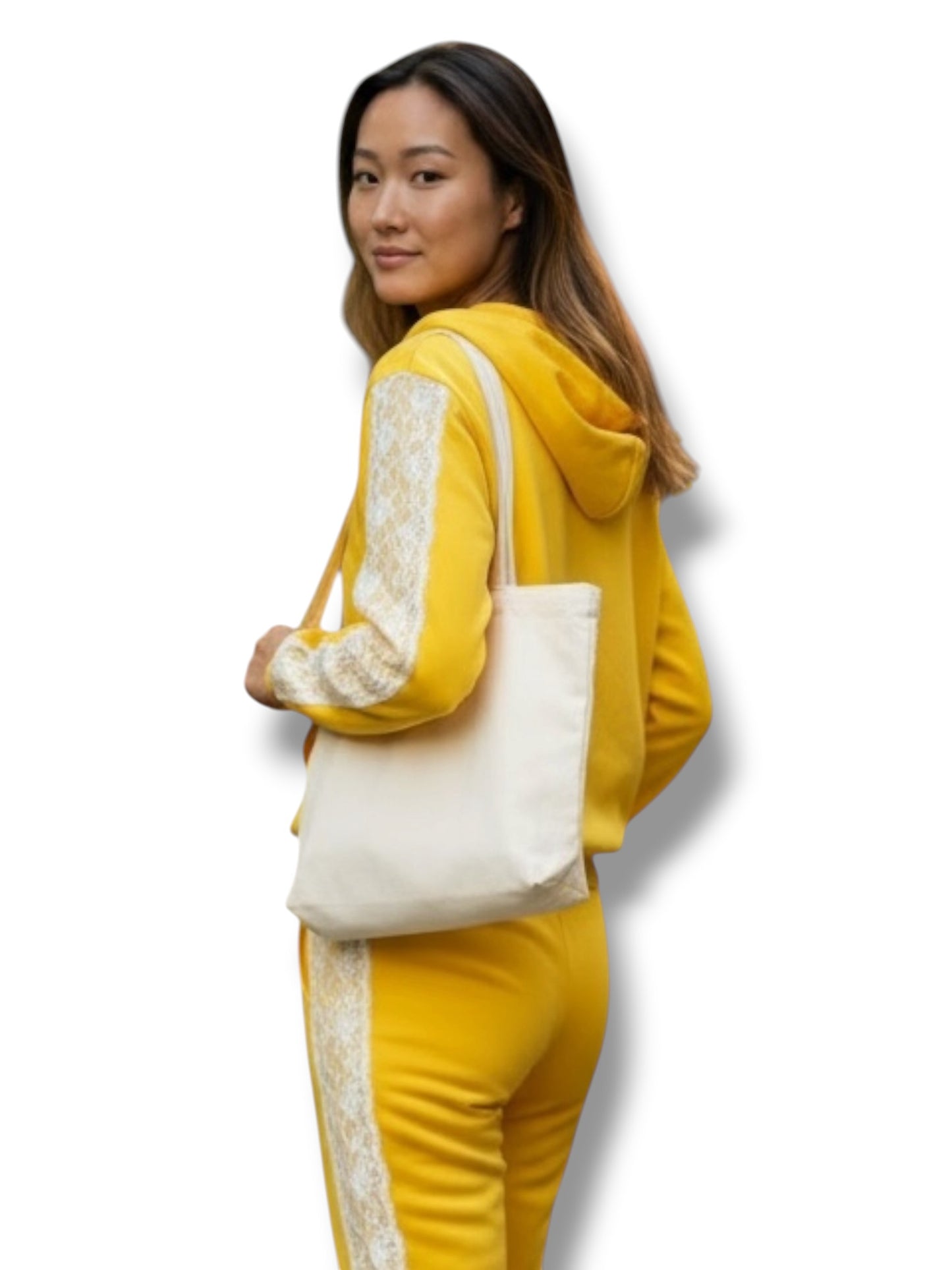 Yellow Tracksuit with Lace Detailing and our Signature Satin Lined Hood