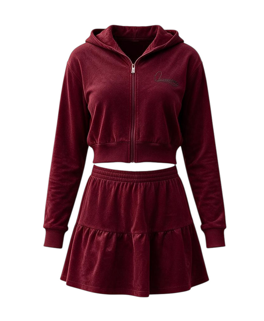 Dark Wine Crop hoodie and Miniskirt Skirt