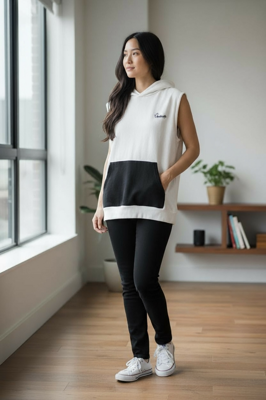 White and Black Sleeveless Hoodie
