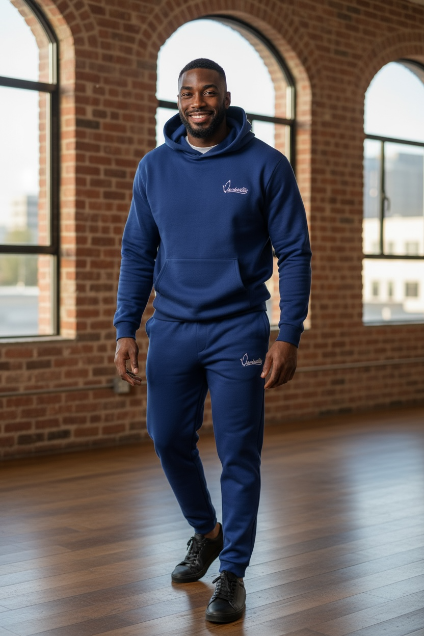 Navy Blue Overhead Tracksuit with Satin Lined Hood and Cuffed Bottoms
