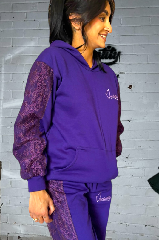 Purple Tracksuit with Lace Detailing and Signature Satin Lined Hood