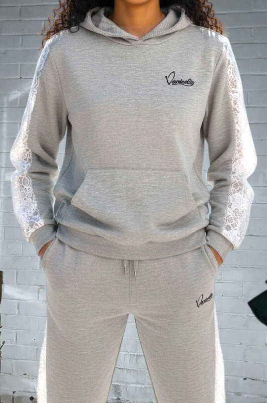 Silver Grey Tracksuit with Lace Detailing and Signature Satin Lined Hood