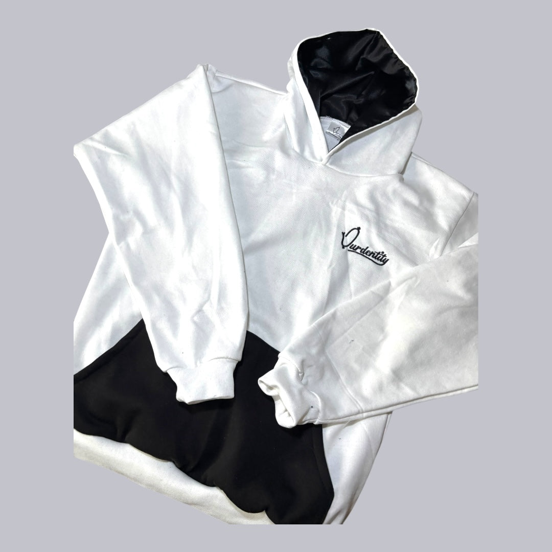 Satin Lined White and Black Overhead Hoodie