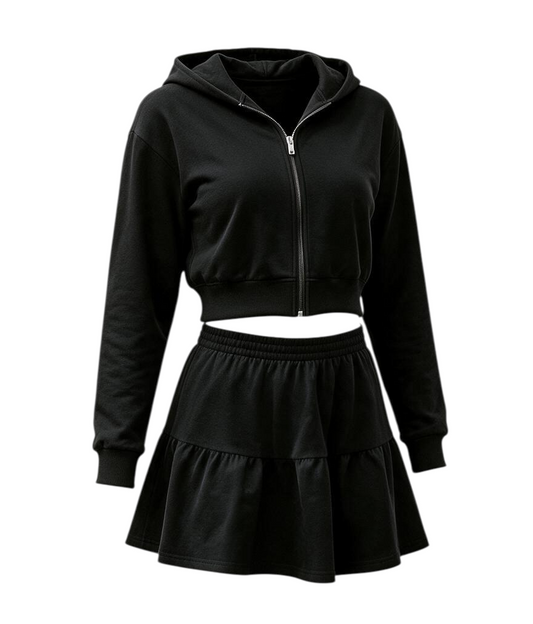 Black Crop hoodie and Miniskirt Skirt