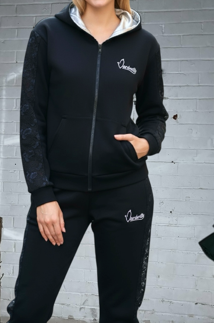 Black Tracksuit with Lace Detailing and Signature Satin Lined Hood
