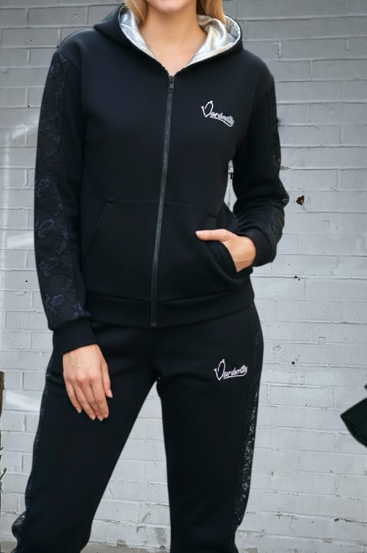 Black Tracksuit with Lace Detailing and Signature Satin Lined Hood