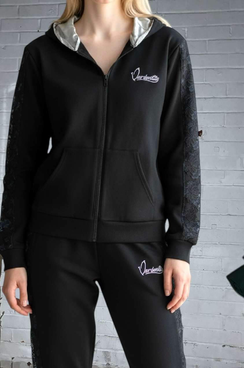 Black Tracksuit with Lace Detailing and Signature Satin Lined Hood