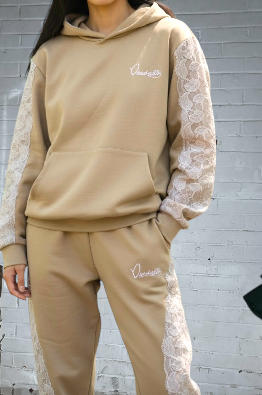 Caramel Tracksuit with Lace Detailing and Signature Satin Lined Hood