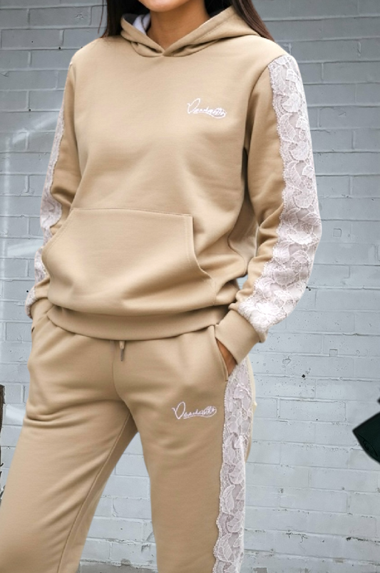 Caramel Tracksuit with Lace Detailing and Signature Satin Lined Hood