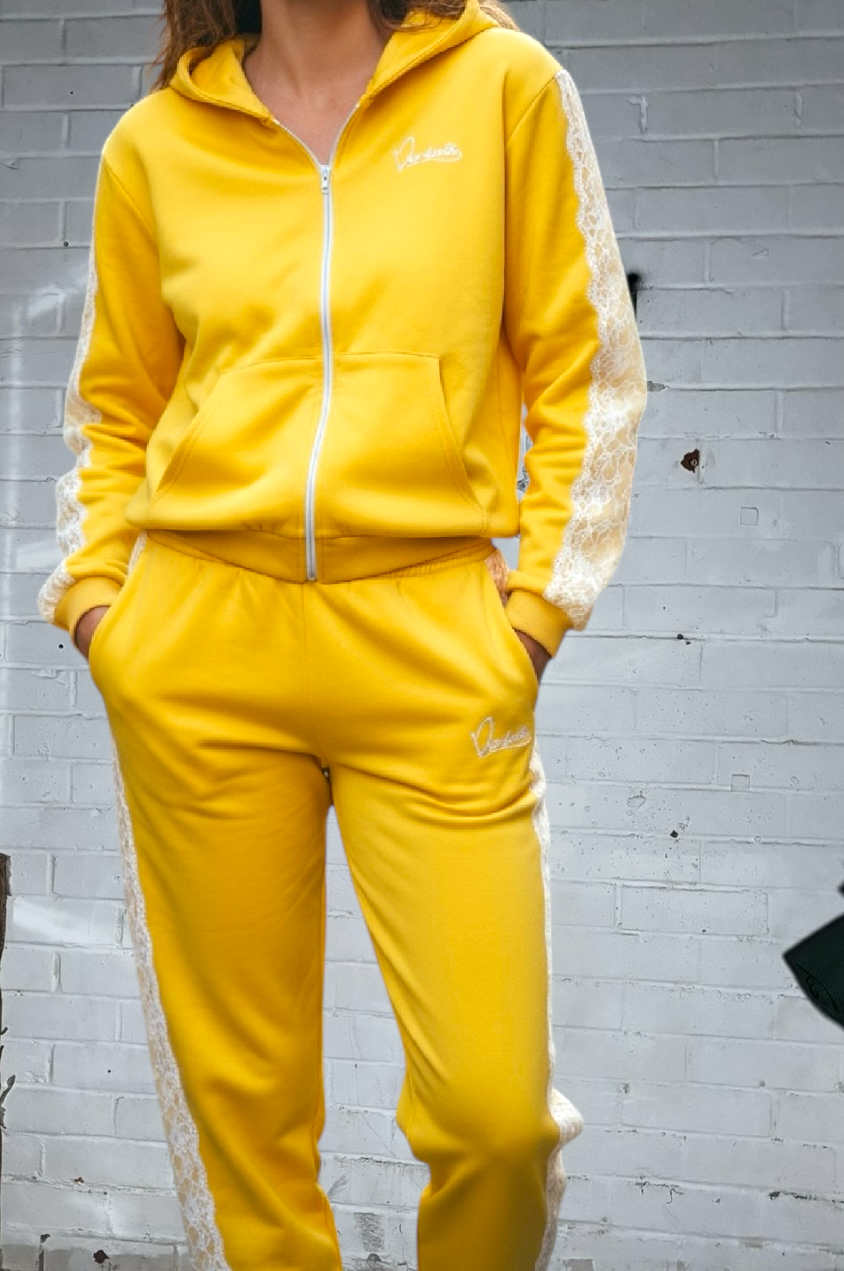 Yellow Tracksuit with Lace Detailing and our Signature Satin Lined Hood