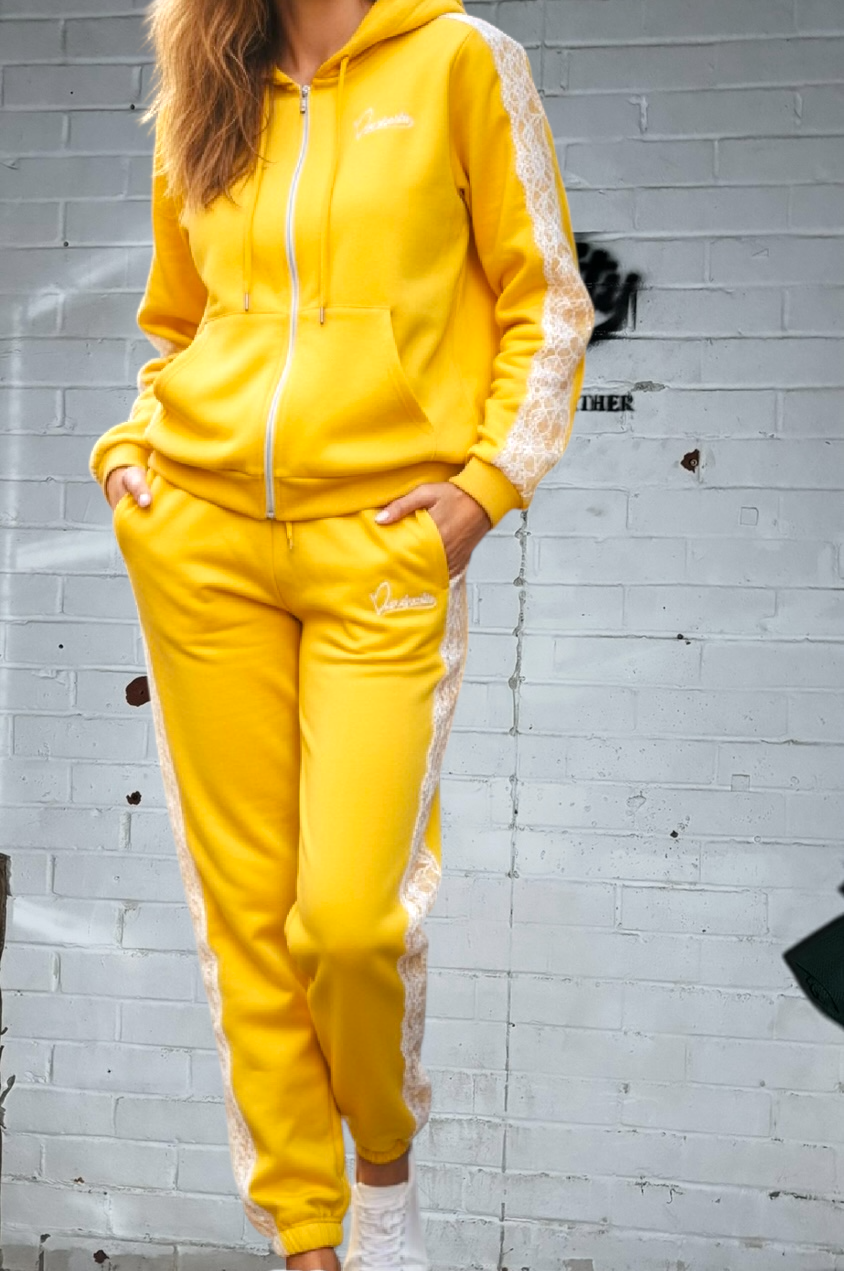 Yellow Tracksuit with Lace Detailing and our Signature Satin Lined Hood