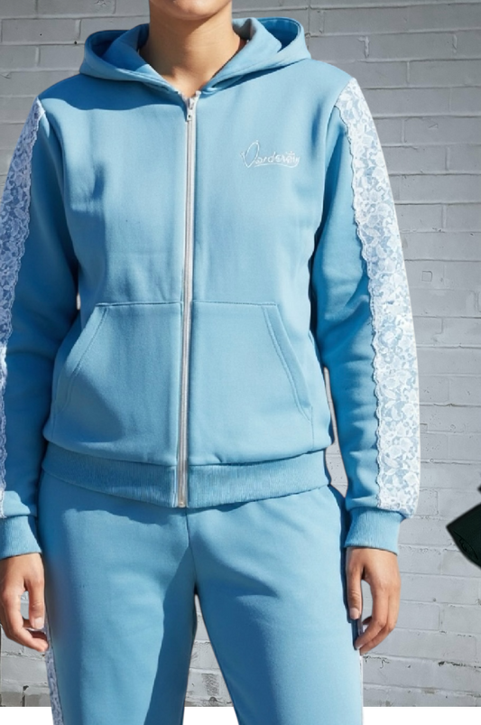 Sky Blue Tracksuit with Lace Detailing and our Signature Satin Lined Hood