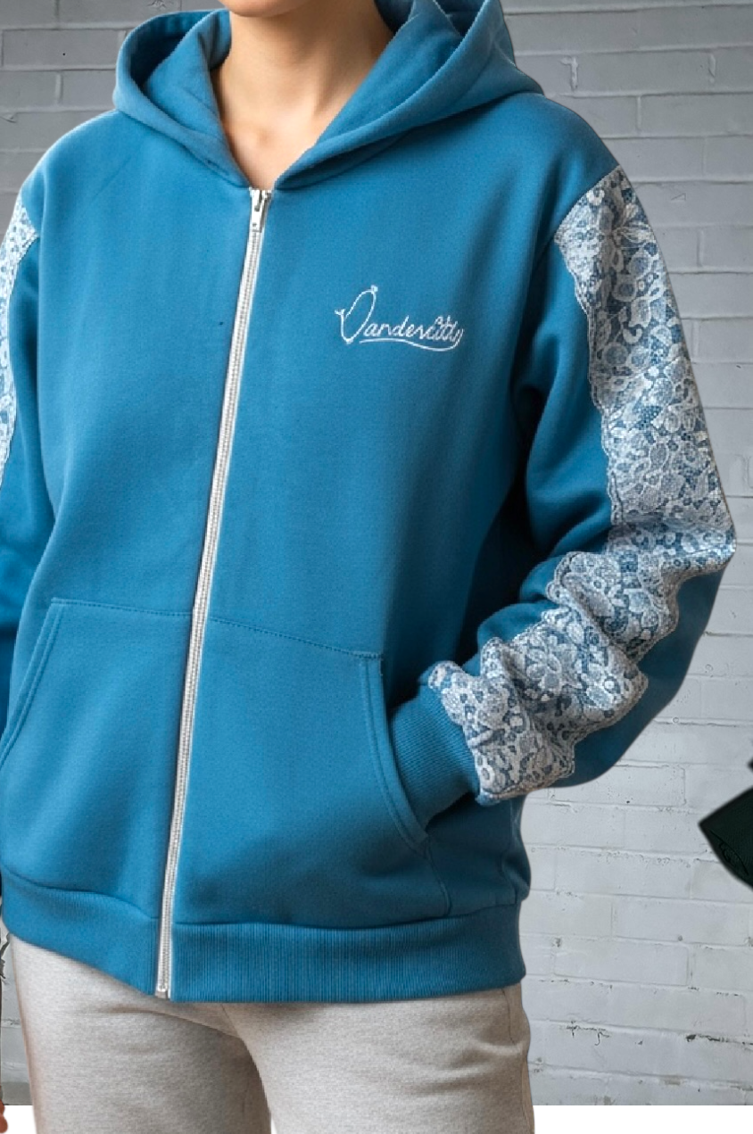 Sky Blue Tracksuit with Lace Detailing and our Signature Satin Lined Hood