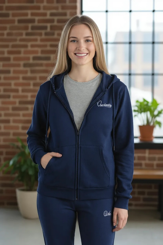 Navy Blue Zip Tracksuit with Satin Lined Hood and Cuffed Bottoms