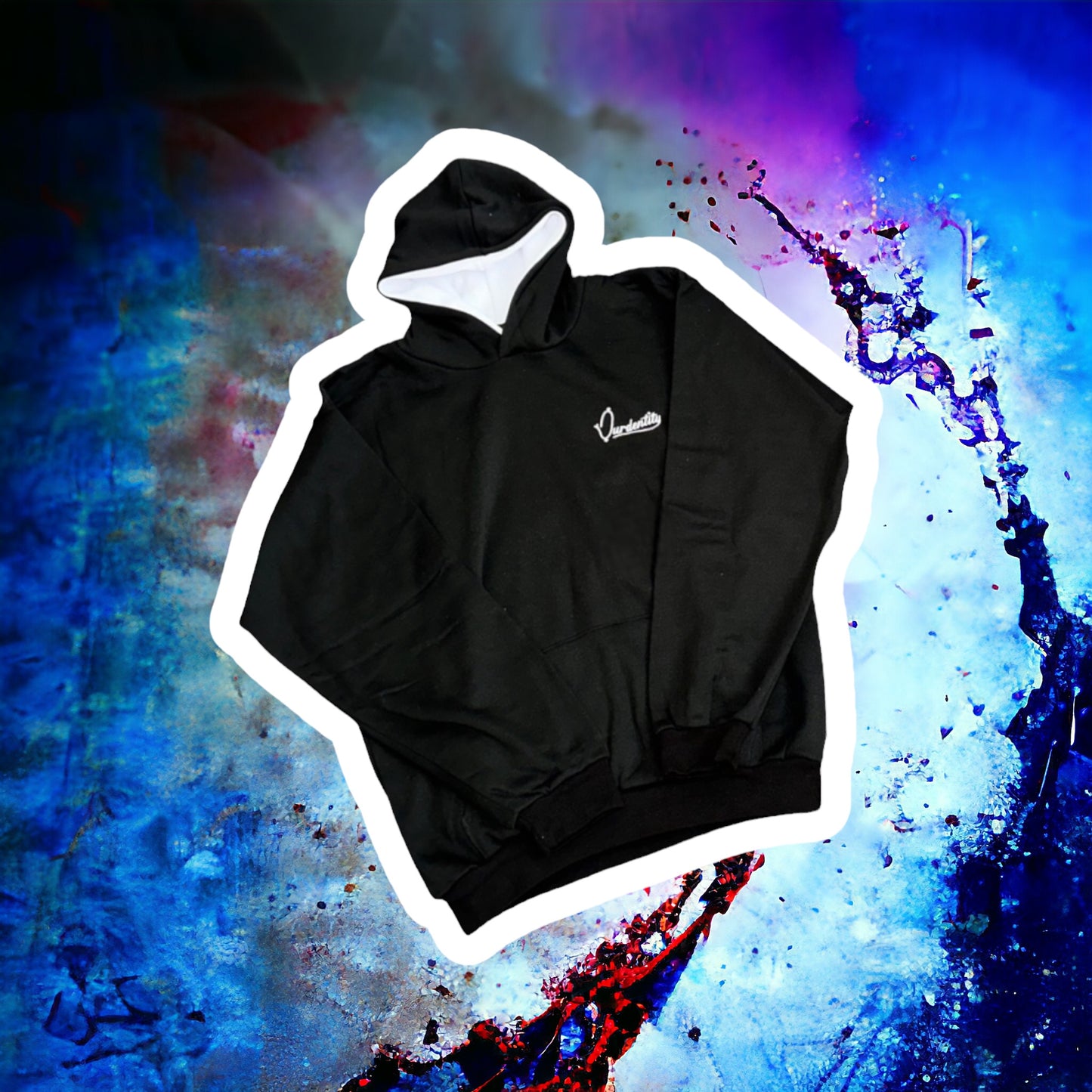 Black overhead hoodie with white hood liner